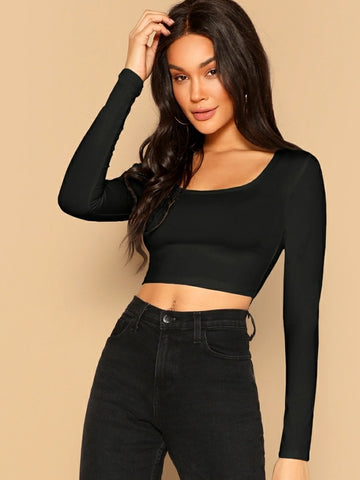 Teen Solid Black Cotton Slim Fitted Crop Top