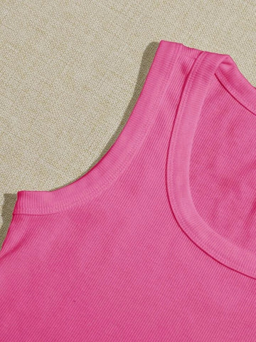 Teen Solid Pink Scoop Neck Rib Fitted Tank Top