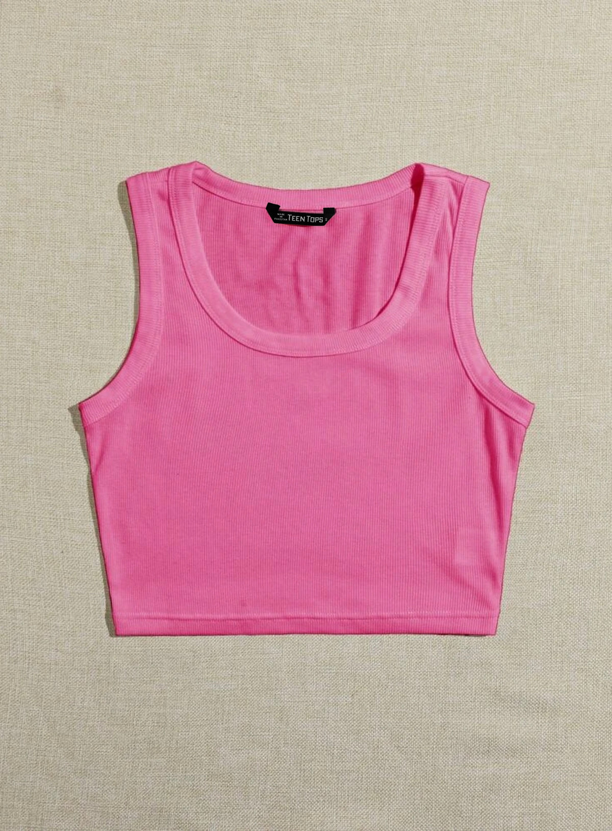 Teen Solid Pink Scoop Neck Rib Fitted Tank Top