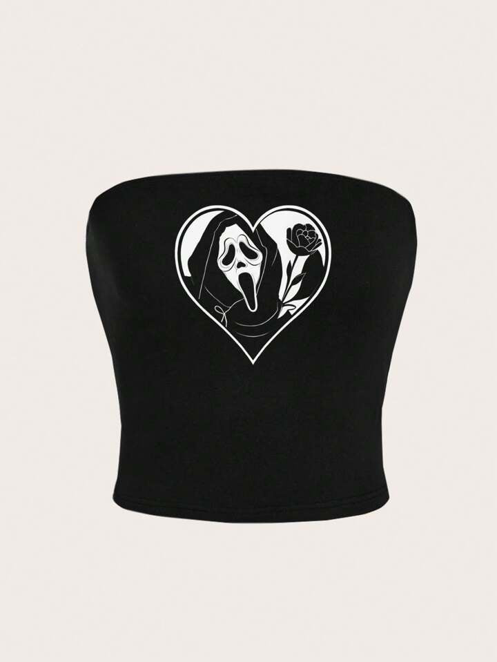 Teen Soild Black Graphic Tube Top