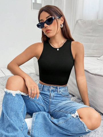 Teen Solid Black Cotton Rib Fitted Tank Top