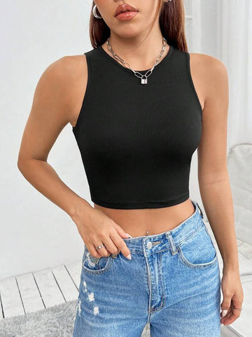 Teen Solid Black Cotton Rib Fitted Tank Top