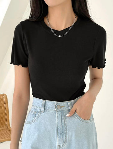 Teen Solid Black Rib Fitted Lettuce Tee