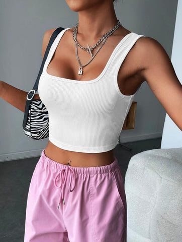 Teen Solid White Square Neck Rib Fitted Tank Tops