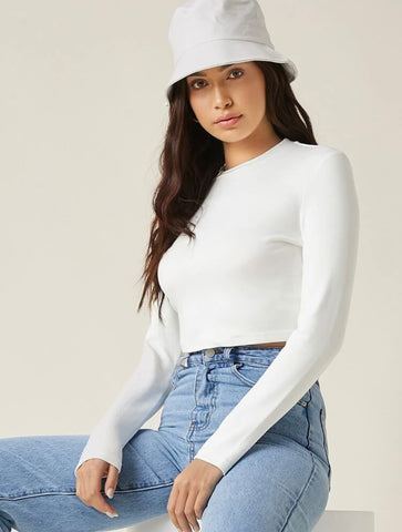 Teen Solid White Slim Fitted Crop Top