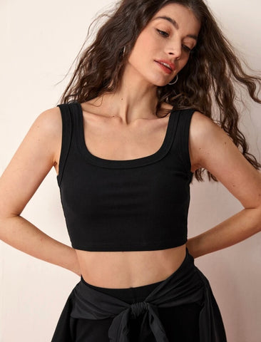 Teen Solid Black Square Neck Rib Fitted Tank Tops